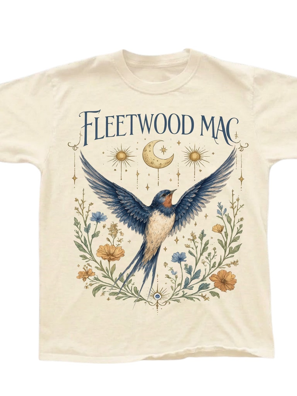 Gildan Cream Fleetwood Mac Bird Graphic Tee with Blue and Tan Artwork